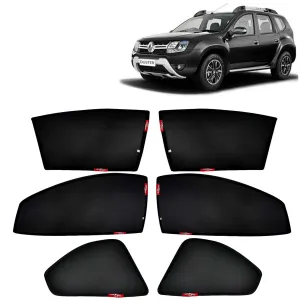 KINGSWAY® Duster Car Sun Shade Z-Black Non Magnetic Fix Type Curtains for 2014 to 2022 Model, Compatible with Renault Duster Side Window Car Sunshade, Only Half Cut in Front Window, Black, 6 Piece