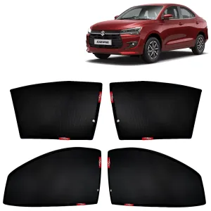 KINGSWAY® Dzire Car Sun Shade Z-Black Non Magnetic Fix Type Curtains for 2024 Onwards Model, Compatible with Maruti Suzuki Dzire Side Window Car Sunshade, Only Half Cut in Front Window, Black, 4 Piece