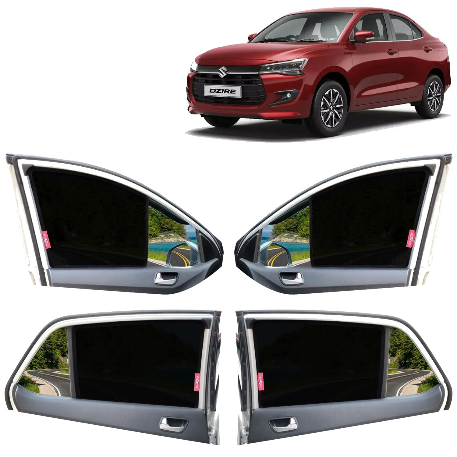 KINGSWAY® Dzire Car Sun Shade Z-Black Non Magnetic Fix Type Curtains for 2024 Onwards Model, Compatible with Maruti Suzuki Dzire Side Window Car Sunshade, Only Half Cut in Front Window, Black, 4 Piece