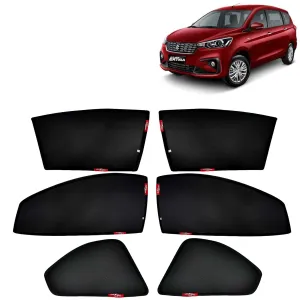 KINGSWAY® Ertiga Car Sun Shade Z-Black Non Magnetic Fix Type Curtains for 2018 to 2022 Model, Compatible with Maruti Suzuki Ertiga Side Window Car Sunshade, Only Half Cut in Front Window, 6 Piece