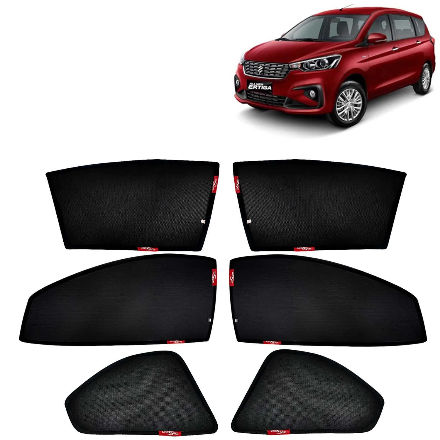 KINGSWAY® Ertiga Car Sun Shade Z-Black Non Magnetic Fix Type Curtains for 2018 to 2022 Model, Compatible with Maruti Suzuki Ertiga Side Window Car Sunshade, Only Half Cut in Front Window, 6 Piece
