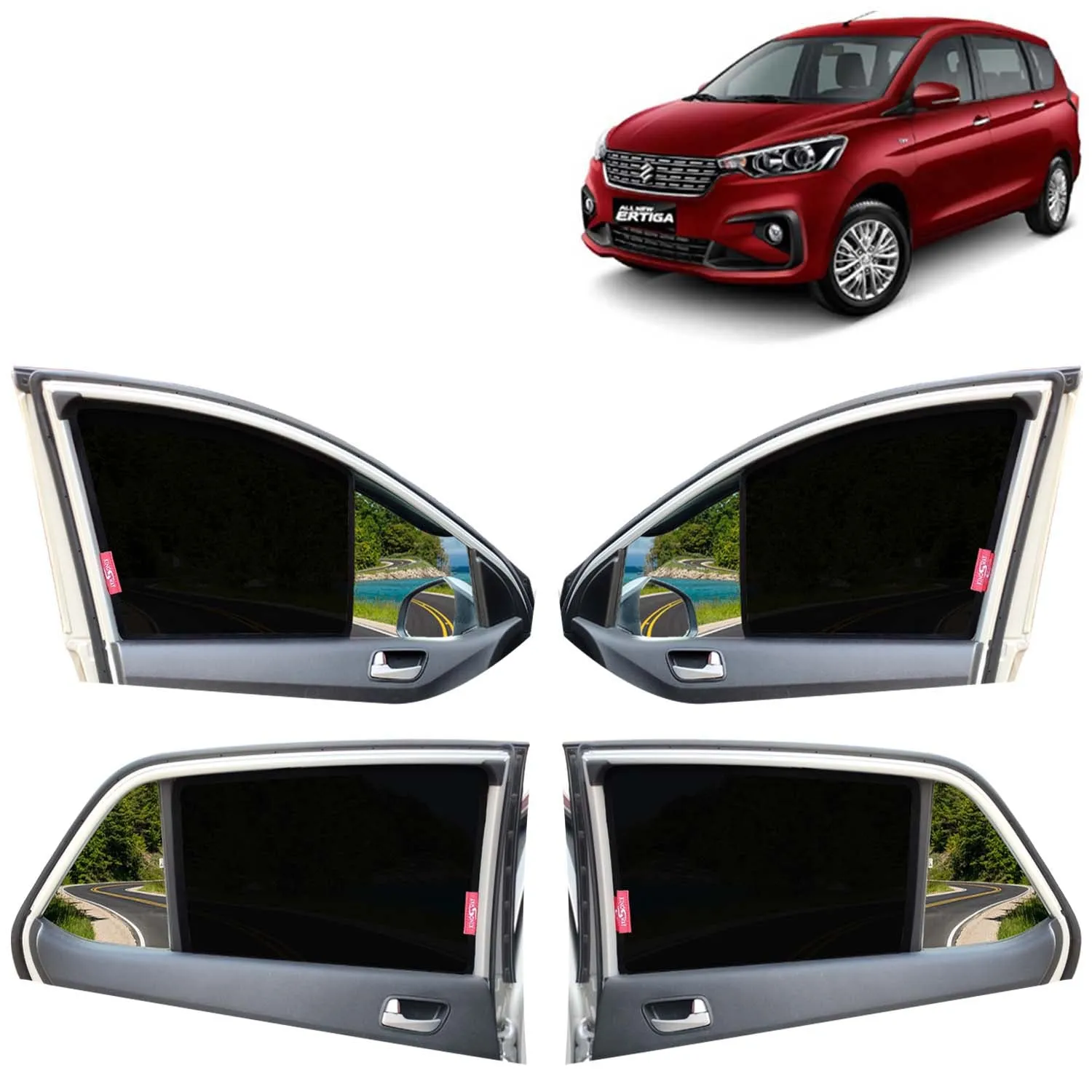 KINGSWAY® Ertiga Car Sun Shade Z-Black Non Magnetic Fix Type Curtains for 2018 to 2022 Model, Compatible with Maruti Suzuki Ertiga Side Window Car Sunshade, Only Half Cut in Front Window, 6 Piece