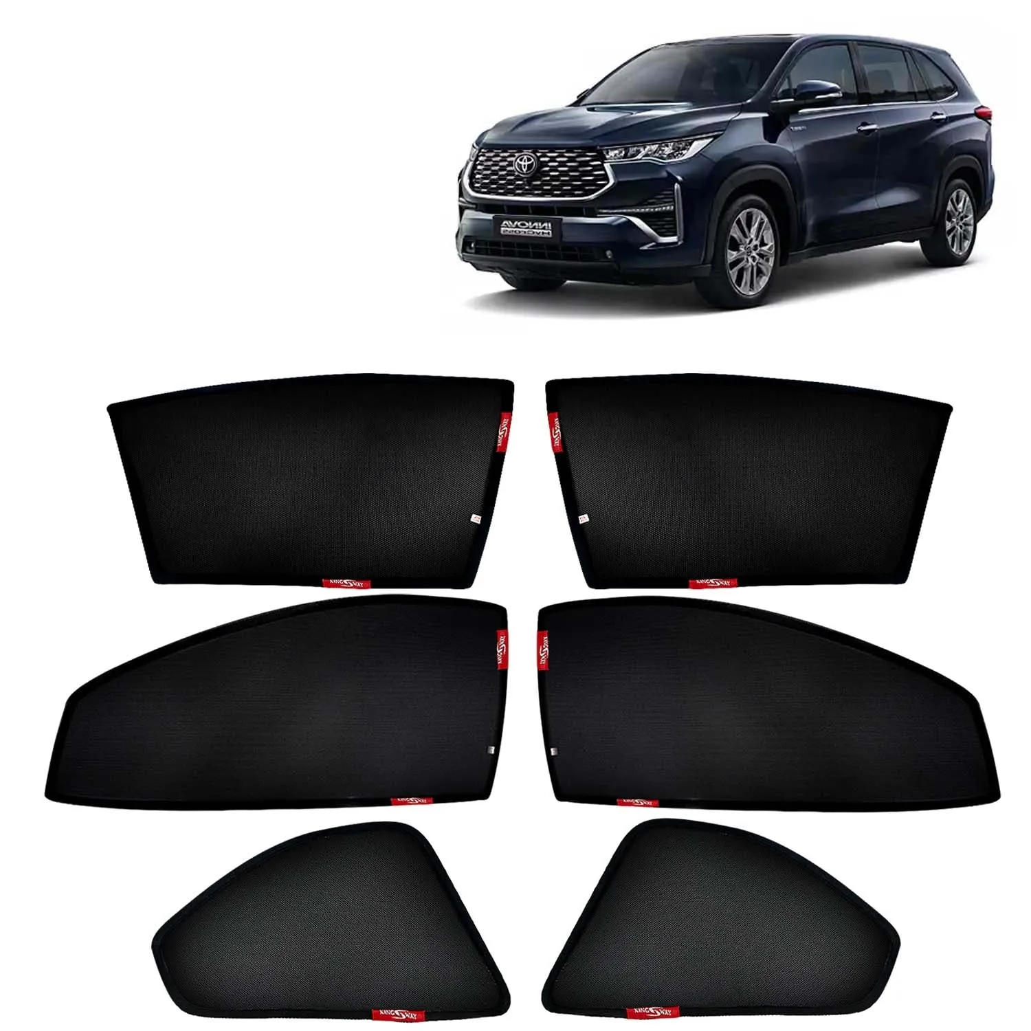 KINGSWAY® Innova Hycross Car Sun Shade Z-Black Non Magnetic Fix Type Curtains for 2023 Onwards Model, Compatible with Toyota Innova Hycross Side Window Sunshade, Only Half Cut in Front Window, 6 Pcs