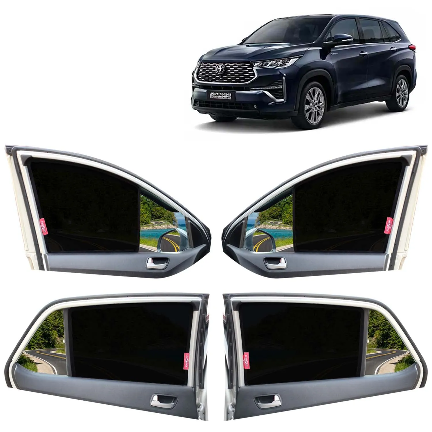 KINGSWAY® Innova Hycross Car Sun Shade Z-Black Non Magnetic Fix Type Curtains for 2023 Onwards Model, Compatible with Toyota Innova Hycross Side Window Sunshade, Only Half Cut in Front Window, 6 Pcs