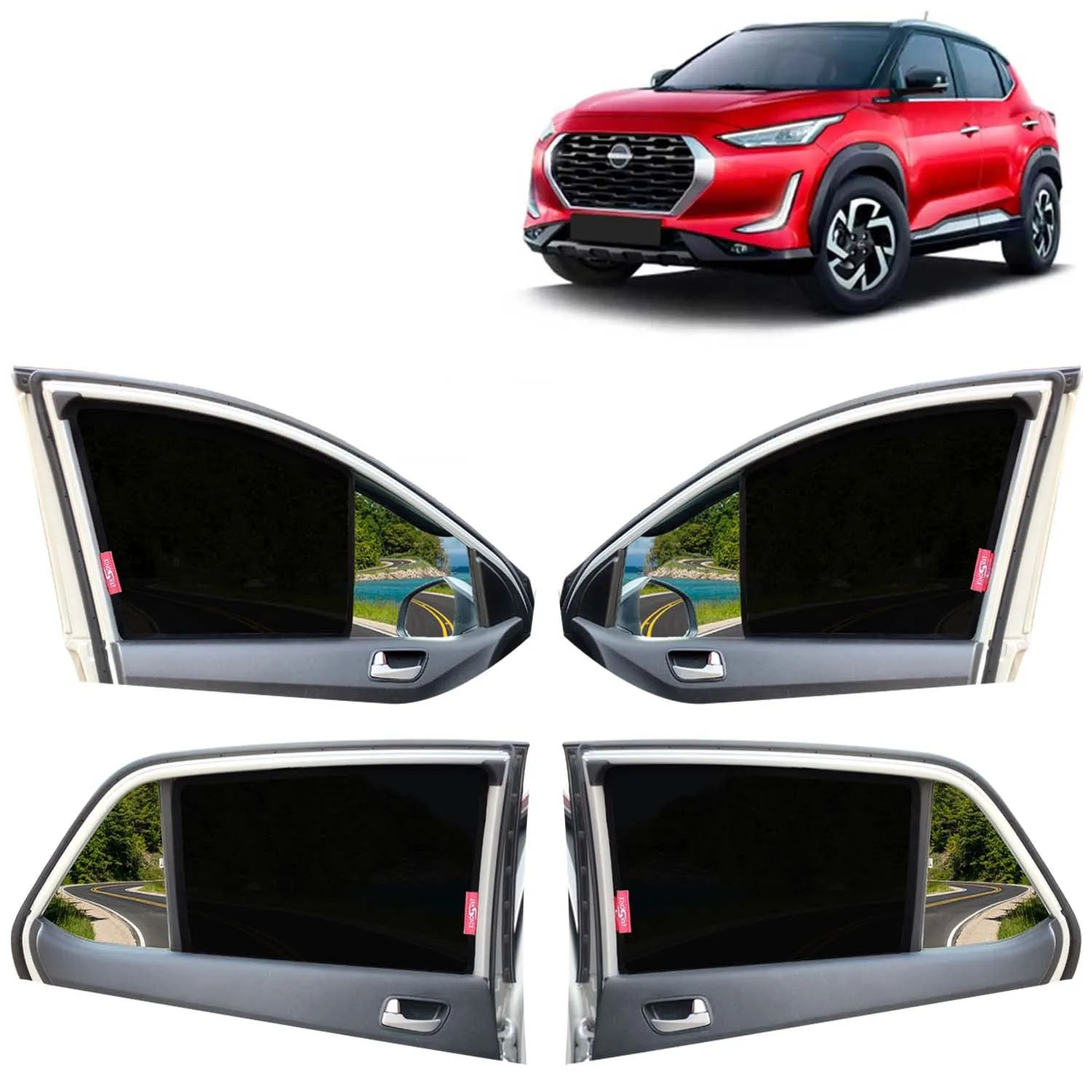 KINGSWAY® Magnite Car Sun Shade Z-Black Non Magnetic Fix Type Curtains for 2020 Onwards Model, Compatible with Nissan Magnite Side Window Car Sunshade, Only Half Cut in Front Window, Black, 4 Piece