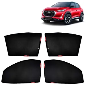 KINGSWAY® Magnite Car Sun Shade Z-Black Non Magnetic Fix Type Curtains for 2020 Onwards Model, Compatible with Nissan Magnite Side Window Car Sunshade, Only Half Cut in Front Window, Black, 4 Piece