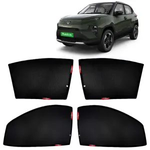 KINGSWAY® Punch EV Car Sun Shade Z-Black Non Magnetic Fix Type Curtains for 2024 Onwards Model, Compatible with Tata Punch EV Side Window Car Sunshade, Only Half Cut in Front Window, Black, 4 Piece