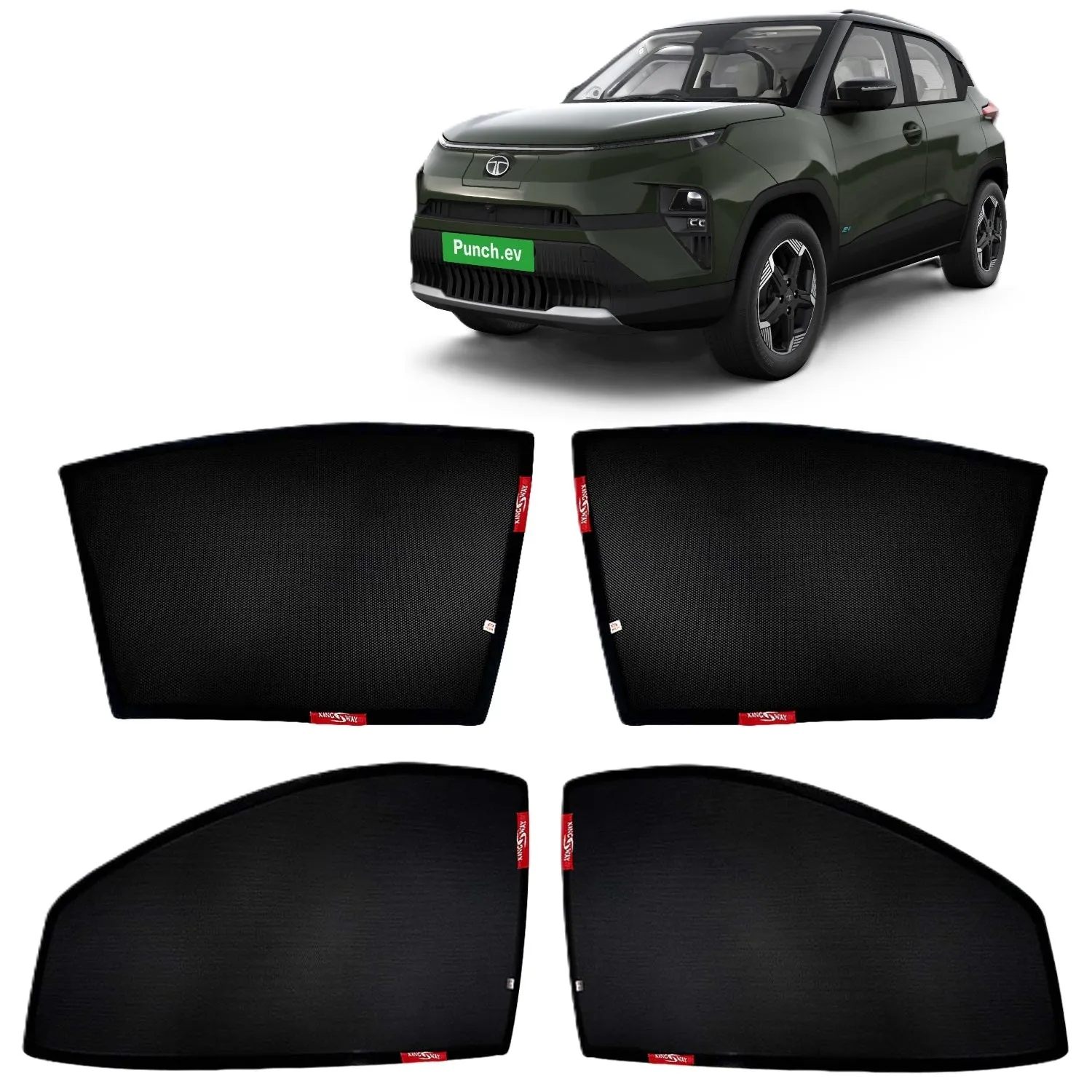 KINGSWAY® Punch EV Car Sun Shade Z-Black Non Magnetic Fix Type Curtains for 2024 Onwards Model, Compatible with Tata Punch EV Side Window Car Sunshade, Only Half Cut in Front Window, Black, 4 Piece