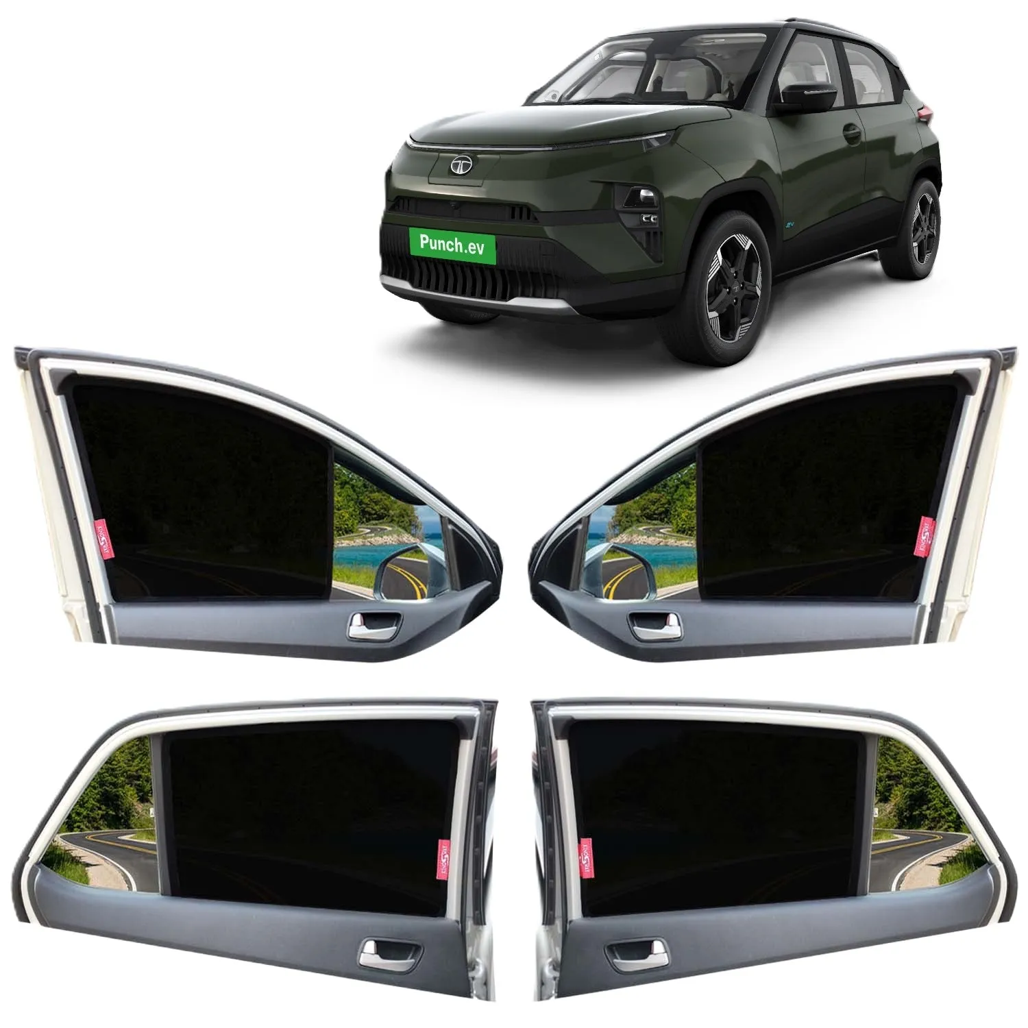 KINGSWAY® Punch EV Car Sun Shade Z-Black Non Magnetic Fix Type Curtains for 2024 Onwards Model, Compatible with Tata Punch EV Side Window Car Sunshade, Only Half Cut in Front Window, Black, 4 Piece