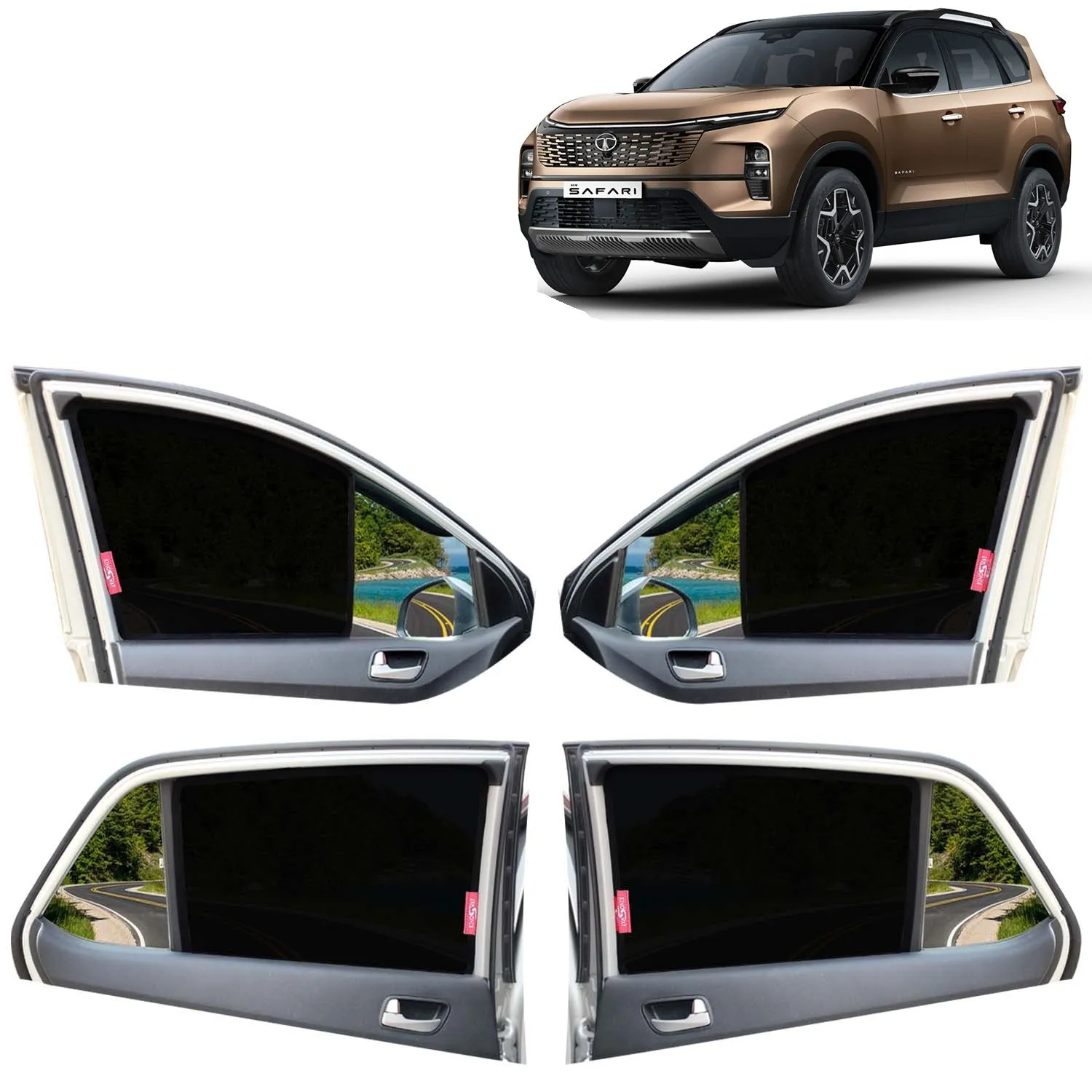 KINGSWAY® Safari Car Sun Shade Z-Black Non Magnetic Fix Type Curtains for 2023 Onwards Model, Compatible with Tata Safari Side Window Car Sunshade, Only Half Cut in Front Window, Black, 6 Piece