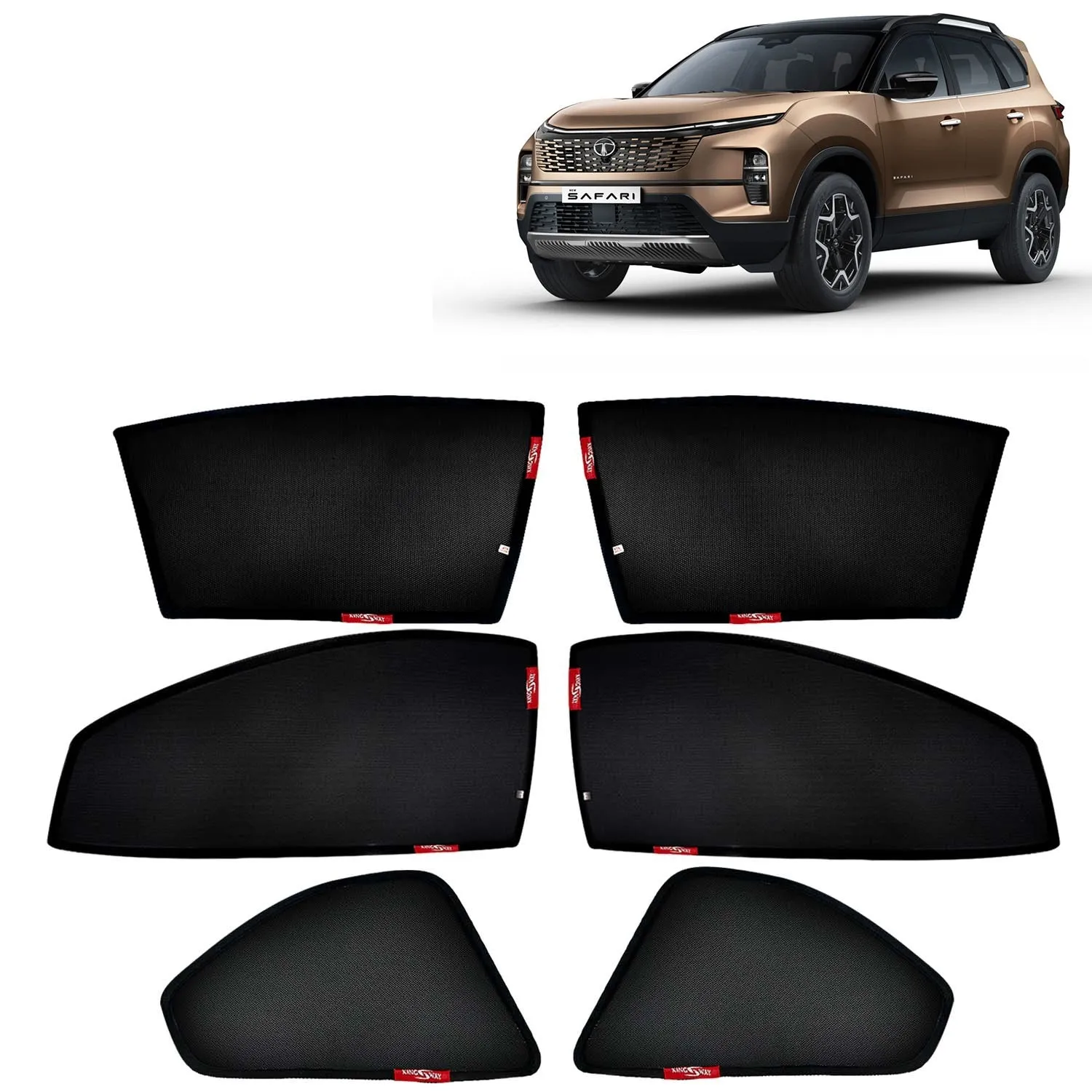 KINGSWAY® Safari Car Sun Shade Z-Black Non Magnetic Fix Type Curtains for 2023 Onwards Model, Compatible with Tata Safari Side Window Car Sunshade, Only Half Cut in Front Window, Black, 6 Piece