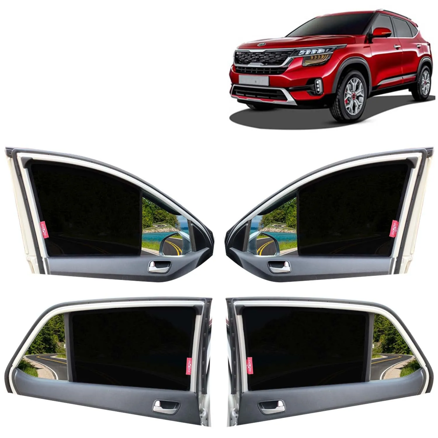 KINGSWAY® Seltos Car Sun Shade Z-Black Non Magnetic Fix Type Curtains for 2019 to 2023 Model, Compatible with Kia Seltos Side Window Car Sunshade, Only Half Cut in Front Window, Black, 4 Piece