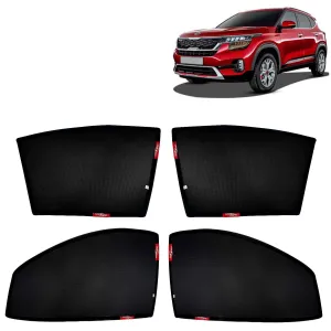 KINGSWAY® Seltos Car Sun Shade Z-Black Non Magnetic Fix Type Curtains for 2019 to 2023 Model, Compatible with Kia Seltos Side Window Car Sunshade, Only Half Cut in Front Window, Black, 4 Piece