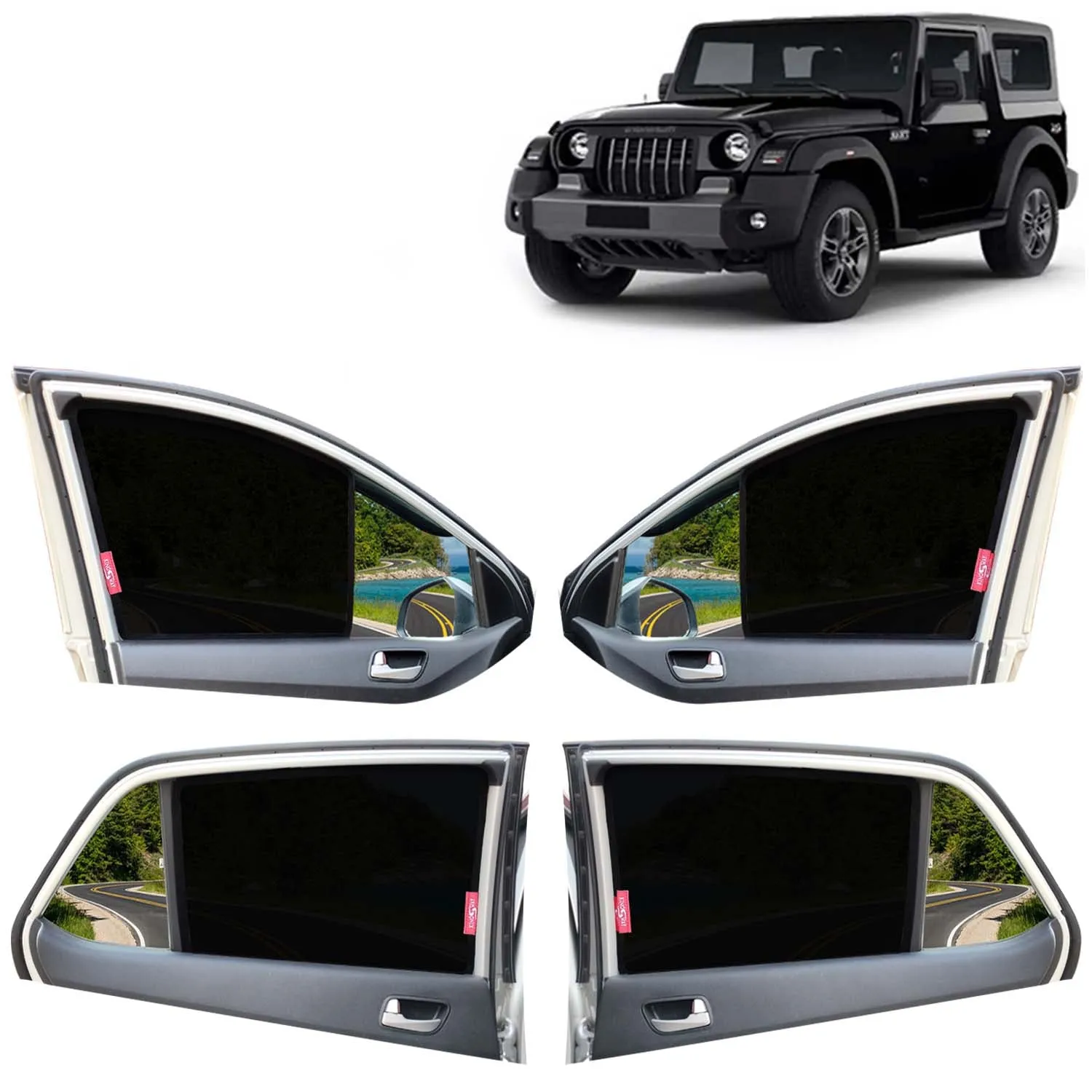 KINGSWAY® Thar Car Sun Shade Z-Black Non Magnetic Fix Type Curtains for 2020 Onwards Model, Compatible with Mahindra Thar Side Window Car Sunshade, Only Half Cut in Front Window, Black, 4 Piece
