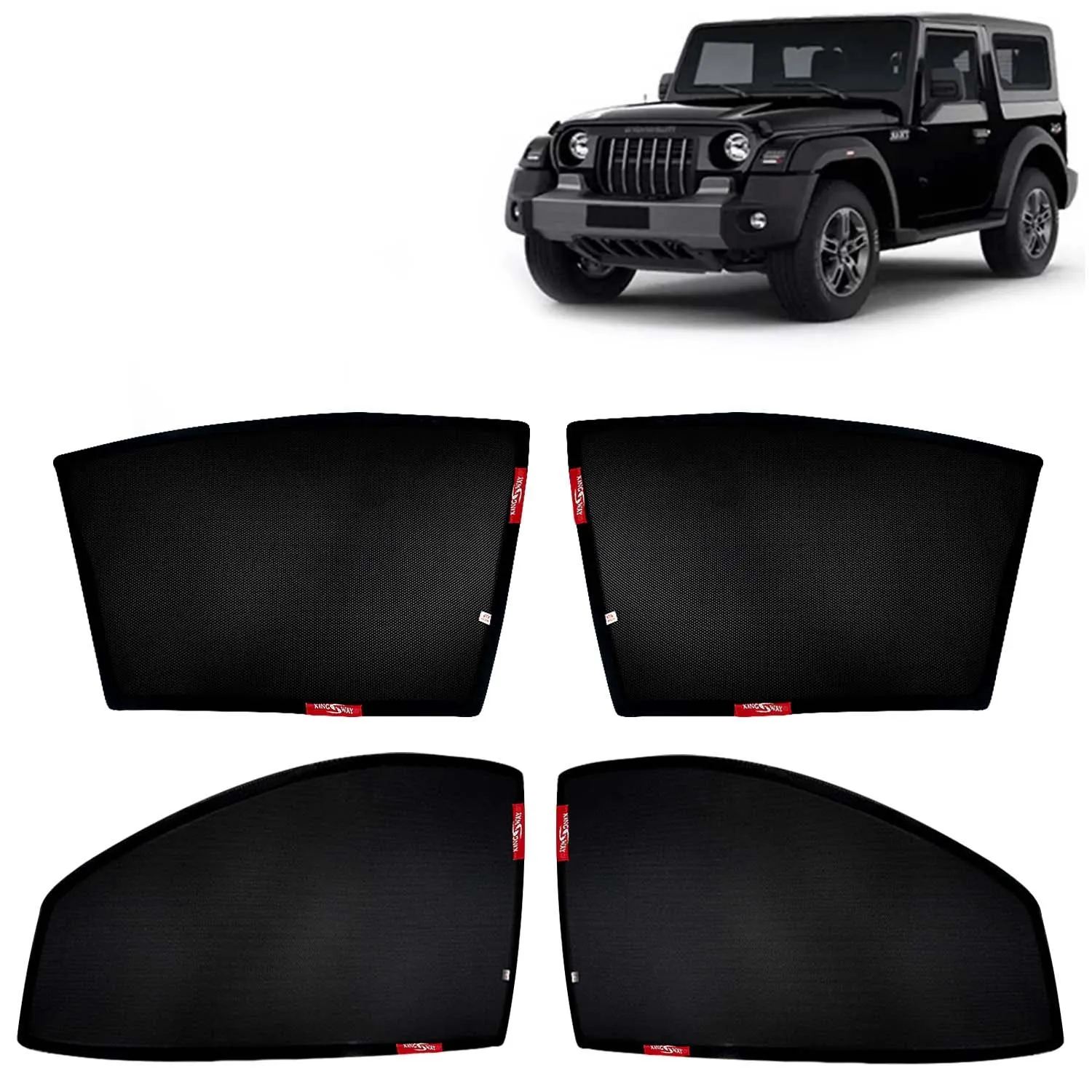 KINGSWAY® Thar Car Sun Shade Z-Black Non Magnetic Fix Type Curtains for 2020 Onwards Model, Compatible with Mahindra Thar Side Window Car Sunshade, Only Half Cut in Front Window, Black, 4 Piece