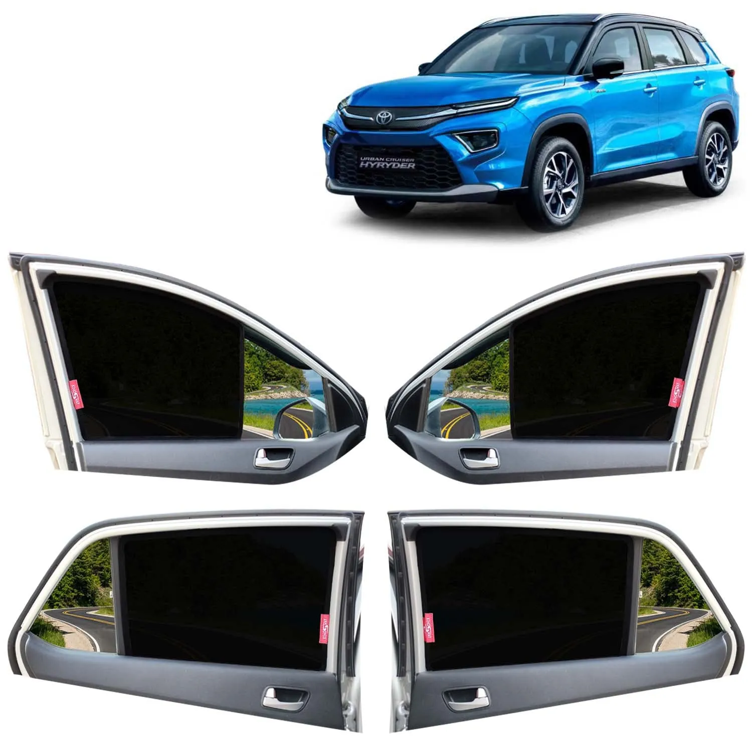 KINGSWAY® Urban Cruiser Hyryder Car Sun Shade Z-Black Non Magnetic Fix Type Curtains for 2022 Onwards, Compatible with Toyota Urban Cruiser Hyryder Side Window, Only Half Cut in Front Window, 4 Pcs