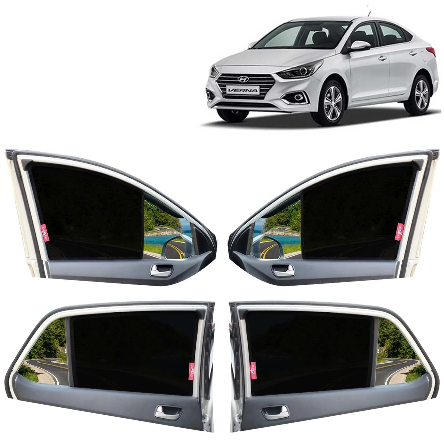KINGSWAY® Verna Car Sun Shade Z-Black Non Magnetic Fix Type Curtains for 2017 to 2019 Model, Compatible with Hyundai Verna Side Window Car Sunshade, Only Half Cut in Front Window, Black, 4 Piece