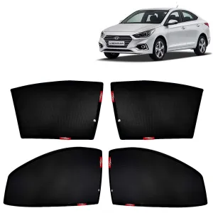 KINGSWAY® Verna Car Sun Shade Z-Black Non Magnetic Fix Type Curtains for 2017 to 2019 Model, Compatible with Hyundai Verna Side Window Car Sunshade, Only Half Cut in Front Window, Black, 4 Piece