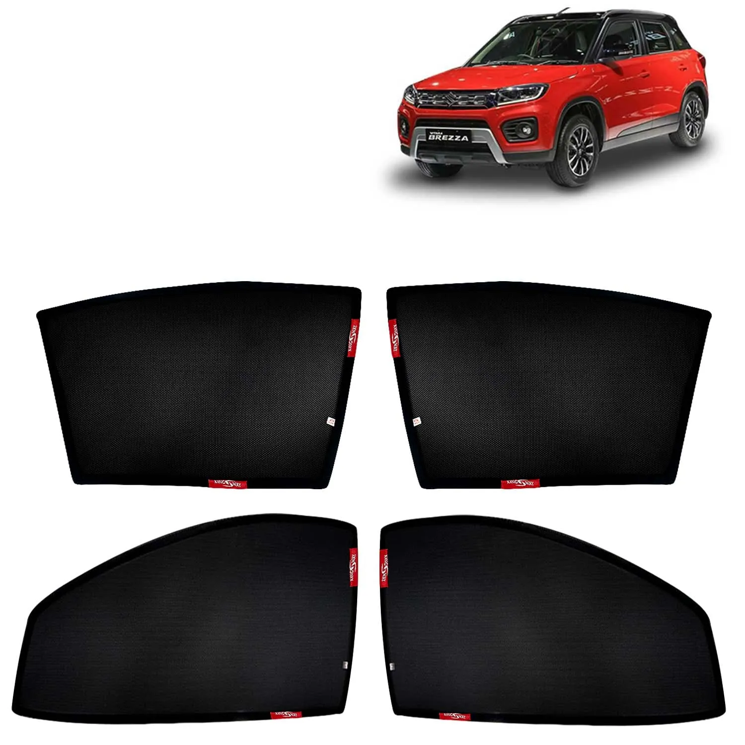 KINGSWAY® Vitara Brezza Car Sun Shade Z-Black Non Magnetic Fix Type Curtains for 2020 to 2022 Model, Compatible with Maruti Suzuki Vitara Brezza Side Window, Only Half Cut in Front Window, 4 Pcs