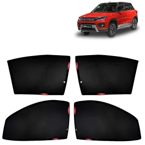 KINGSWAY® Vitara Brezza Car Sun Shade Z-Black Non Magnetic Fix Type Curtains for 2020 to 2022 Model, Compatible with Maruti Suzuki Vitara Brezza Side Window, Only Half Cut in Front Window, 4 Pcs