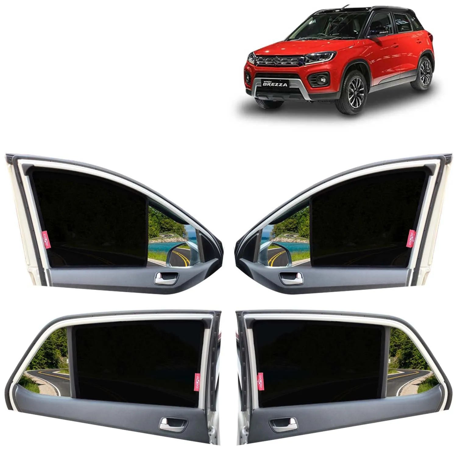 KINGSWAY® Vitara Brezza Car Sun Shade Z-Black Non Magnetic Fix Type Curtains for 2020 to 2022 Model, Compatible with Maruti Suzuki Vitara Brezza Side Window, Only Half Cut in Front Window, 4 Pcs