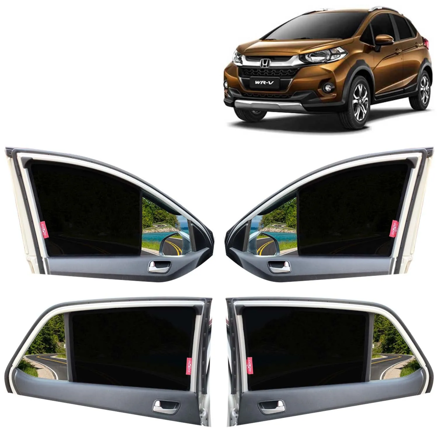 KINGSWAY® WRV Car Sun Shade Z-Black Non Magnetic Fix Type Curtains for 2020 to 2023 Model, Compatible with Honda WRV Side Window Car Sunshade, Only Half Cut in Front Window, Black, 4 Piece