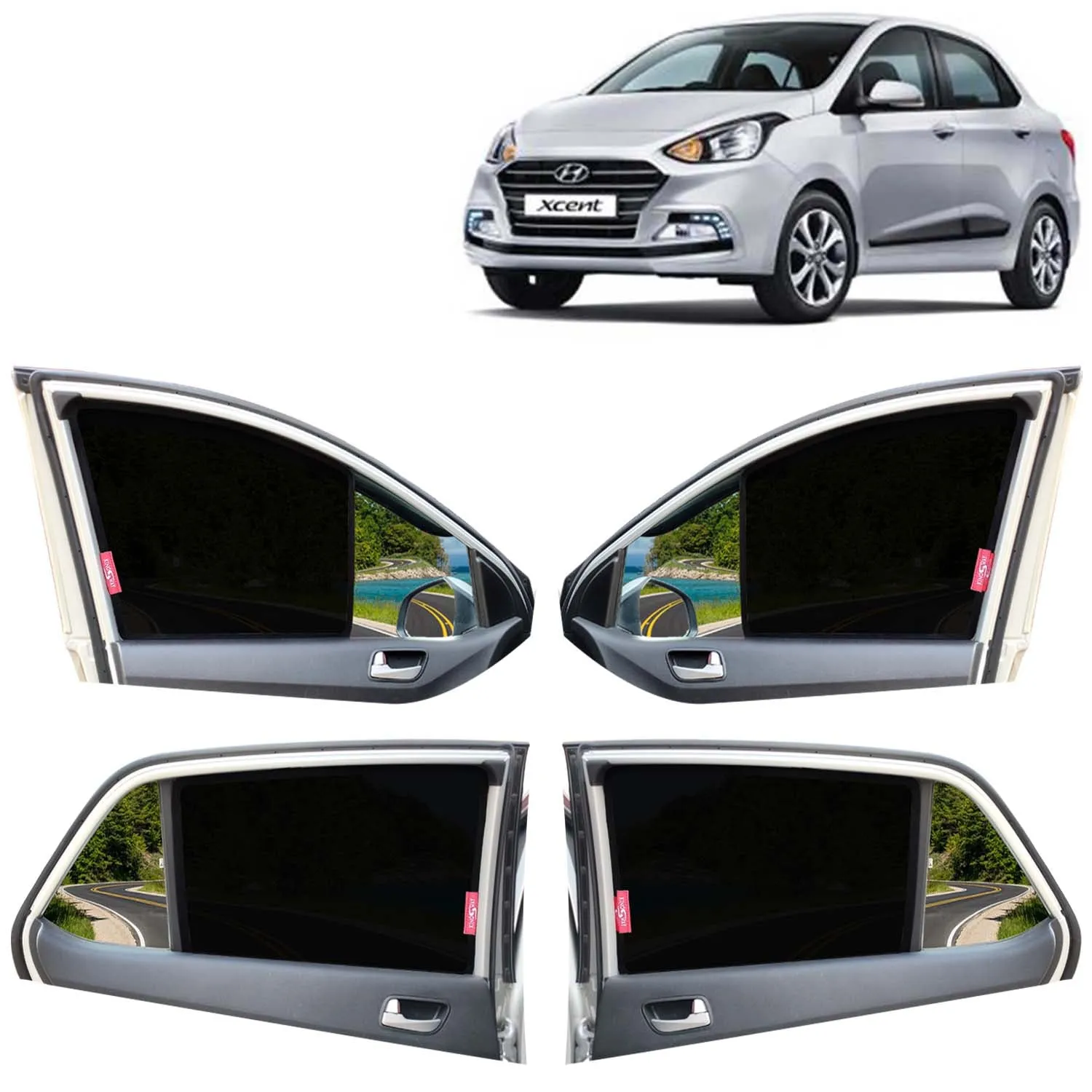 KINGSWAY® Xcent Car Sun Shade Z-Black Non Magnetic Fix Type Curtains for 2017 to 2020 Model, Compatible with Hyundai Xcent Side Window Car Sunshade, Only Half Cut in Front Window, Black, 4 Piece