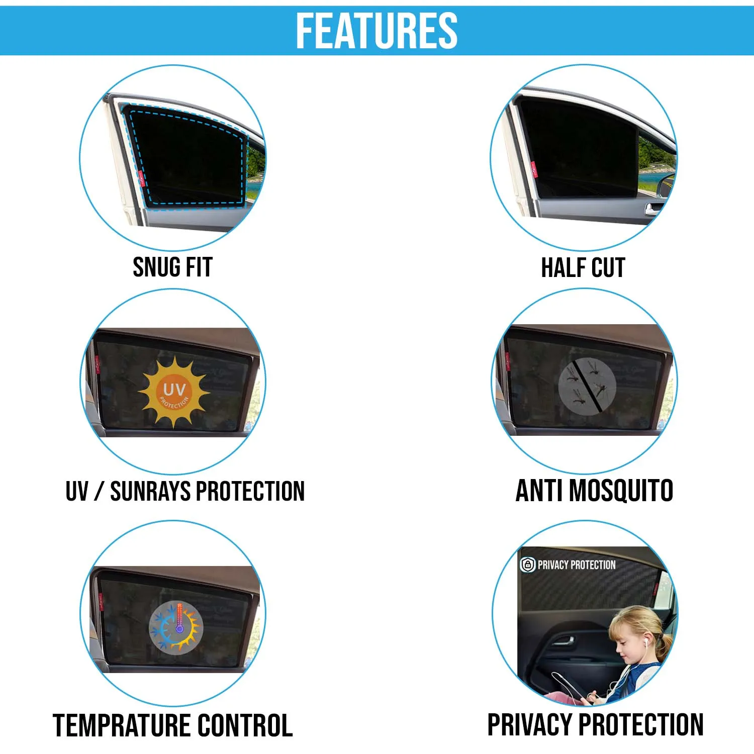 KINGSWAY® XUV 3XO Car Sun Shade Z-Black Non Magnetic Fix Type Curtains for 2024 Onwards Model, Compatible with Mahindra XUV 3XO Side Window Car Sunshade, Only Half Cut in Front Window, Black, 4 Piece