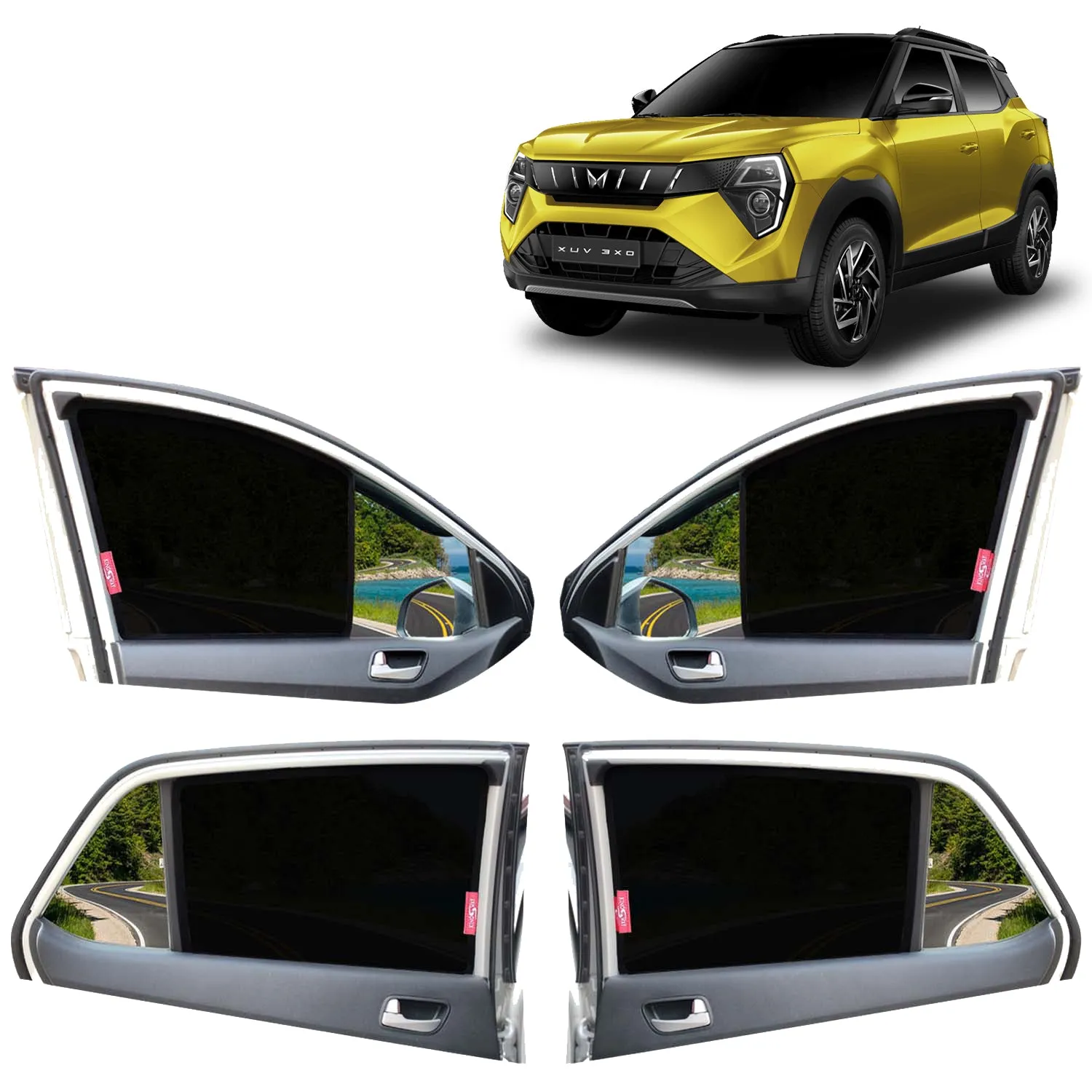 KINGSWAY® XUV 3XO Car Sun Shade Z-Black Non Magnetic Fix Type Curtains for 2024 Onwards Model, Compatible with Mahindra XUV 3XO Side Window Car Sunshade, Only Half Cut in Front Window, Black, 4 Piece