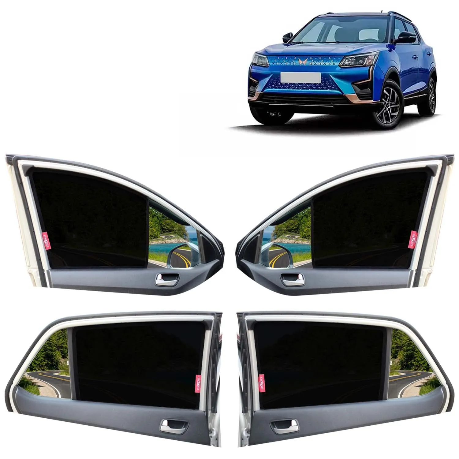 KINGSWAY® XUV 400 Car Sun Shade Z-Black Non Magnetic Fix Type Curtains for 2023 Onwards Model, Compatible with Mahindra XUV 400 Side Window Car Sunshade, Only Half Cut in Front Window, Black, 4 Piece