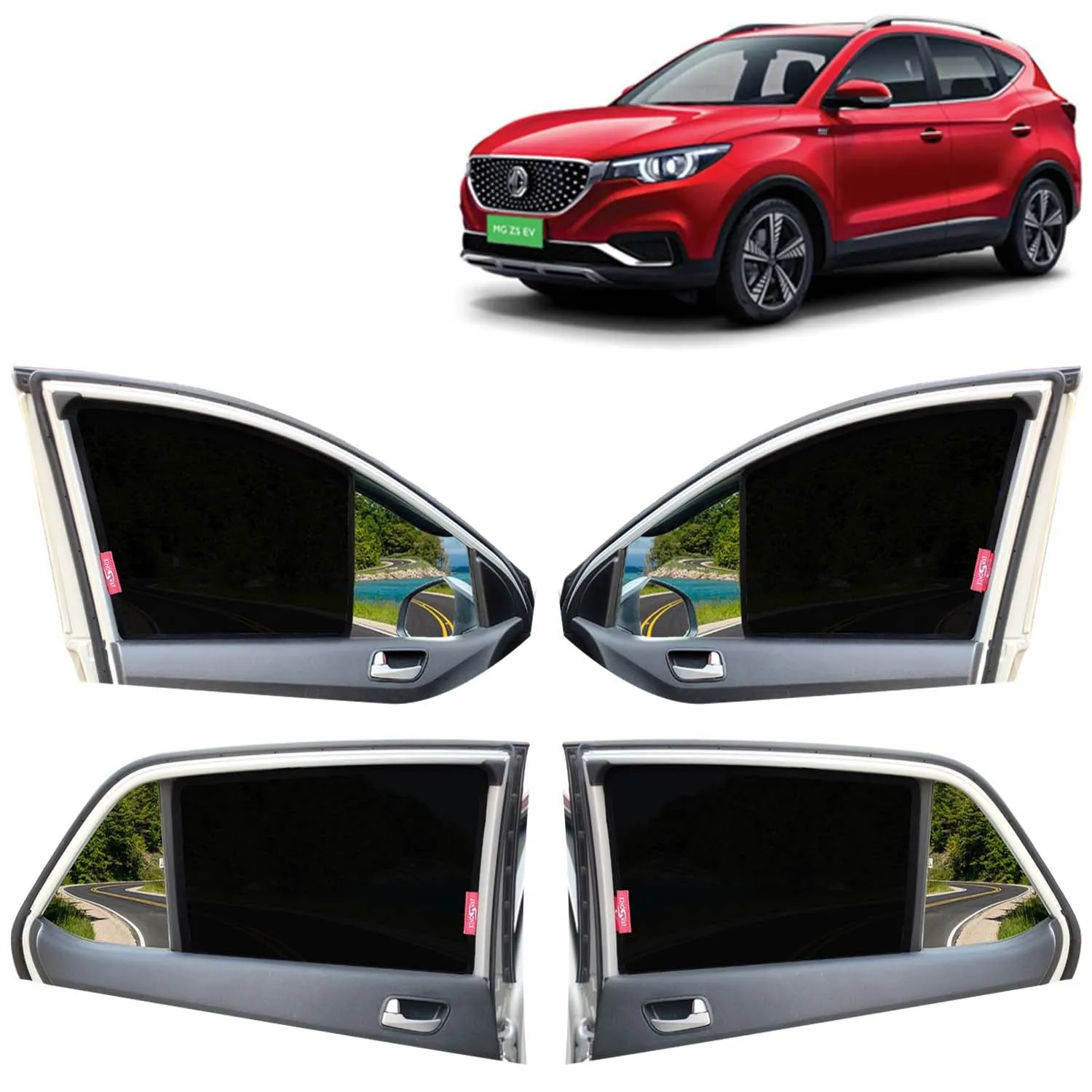 KINGSWAY® ZS EV Car Sun Shade Z-Black Non Magnetic Fix Type Curtains for 2020 Onwards Model, Compatible with Morris Garages (MG) ZS EV Side Window Car Sunshade, Only Half Cut in Front Window, 4 Piece
