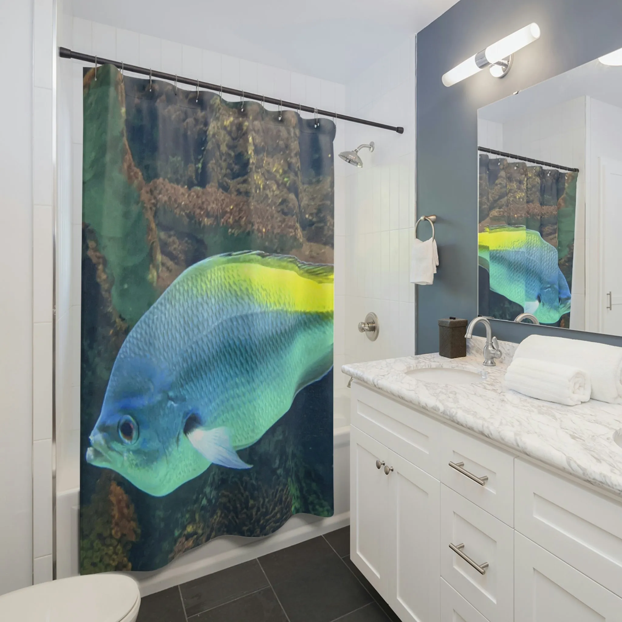 Light Blue and Yellow Fish Shower Curtains