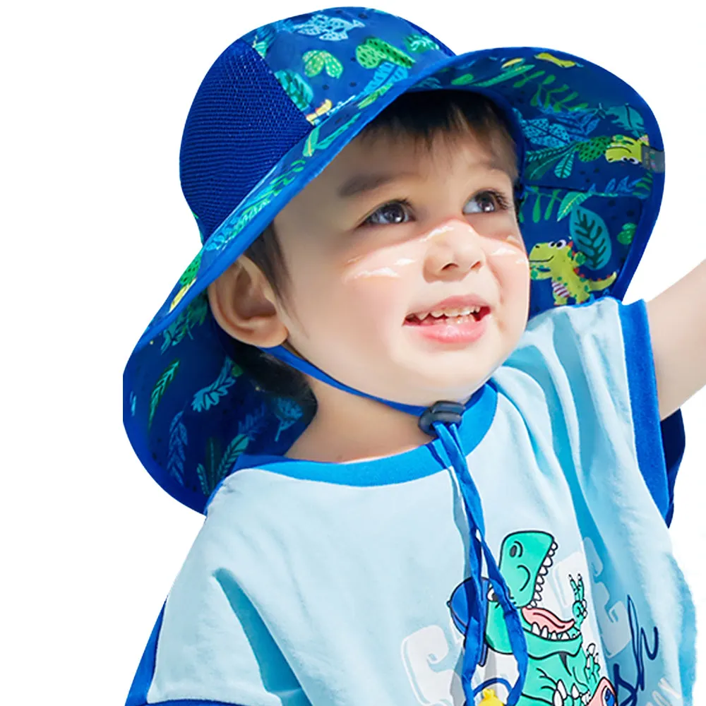 Little Surprise Box Navy Blue Dino print breathable Net wide brim Sun Hat for Kids& Toddlers with Adjustable Strap