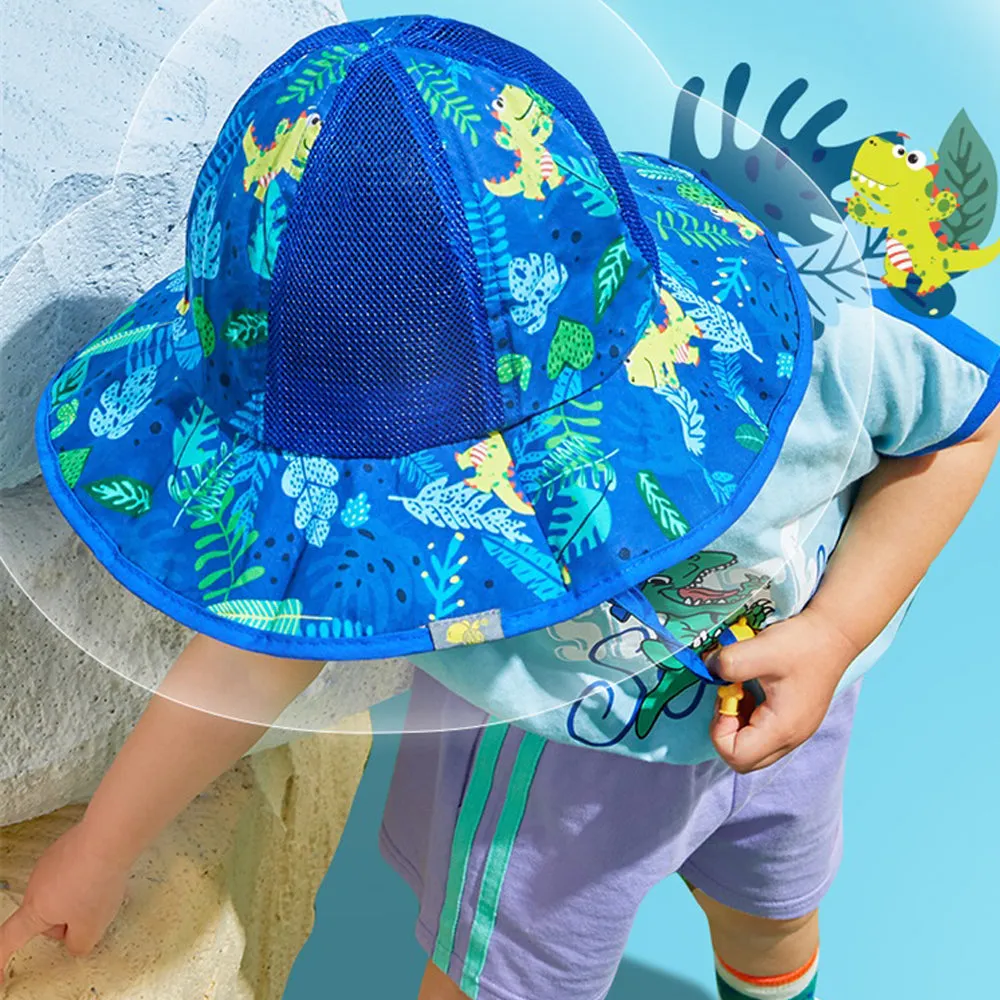Little Surprise Box Navy Blue Dino print breathable Net wide brim Sun Hat for Kids& Toddlers with Adjustable Strap