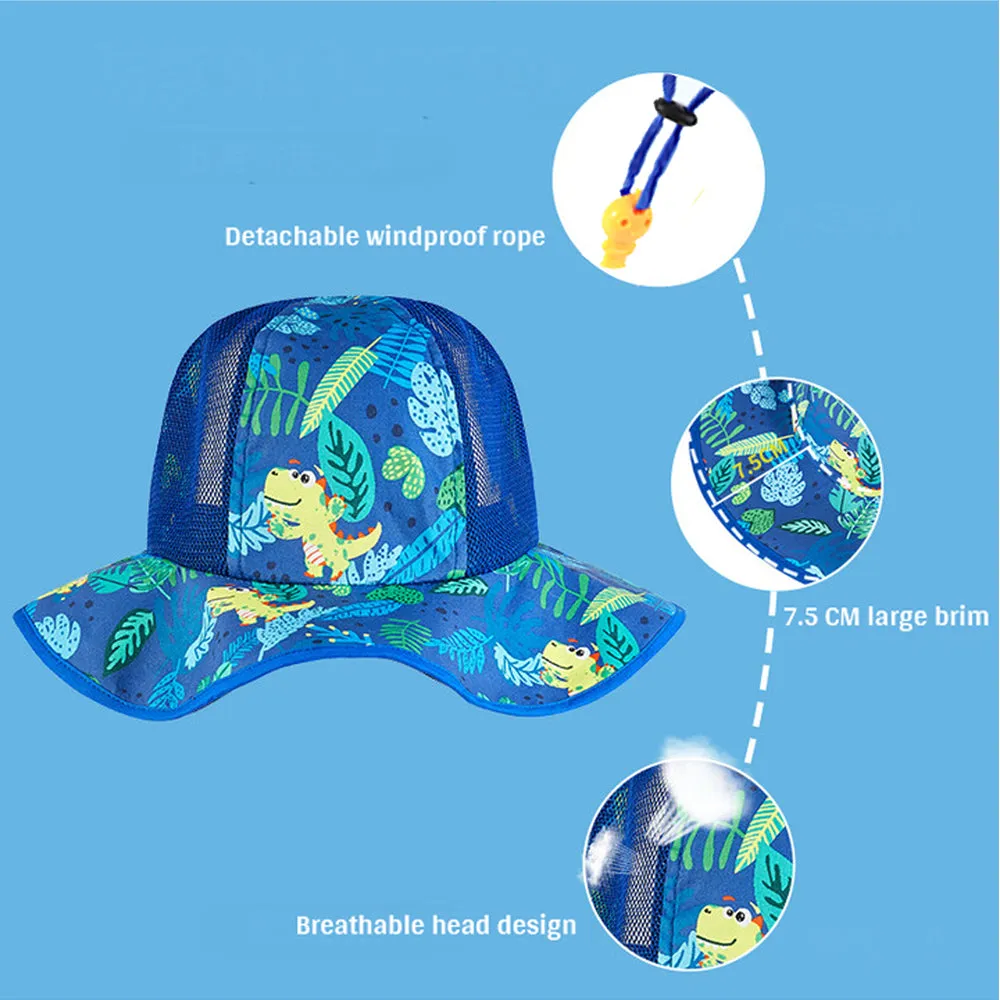 Little Surprise Box Navy Blue Dino print breathable Net wide brim Sun Hat for Kids& Toddlers with Adjustable Strap