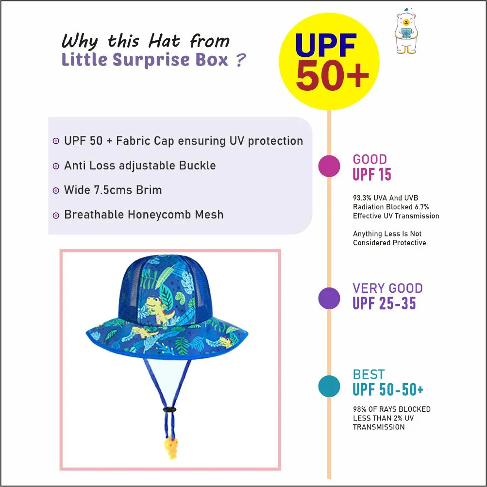 Little Surprise Box Navy Blue Dino print breathable Net wide brim Sun Hat for Kids& Toddlers with Adjustable Strap