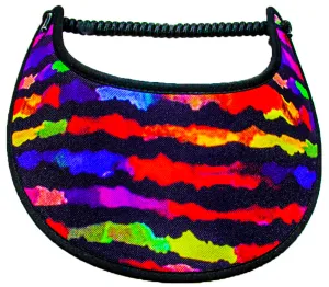 M291 Sun Visor with Uneven Stripes of Red, Blue, Purple, & Yellow, BLACK TRIM