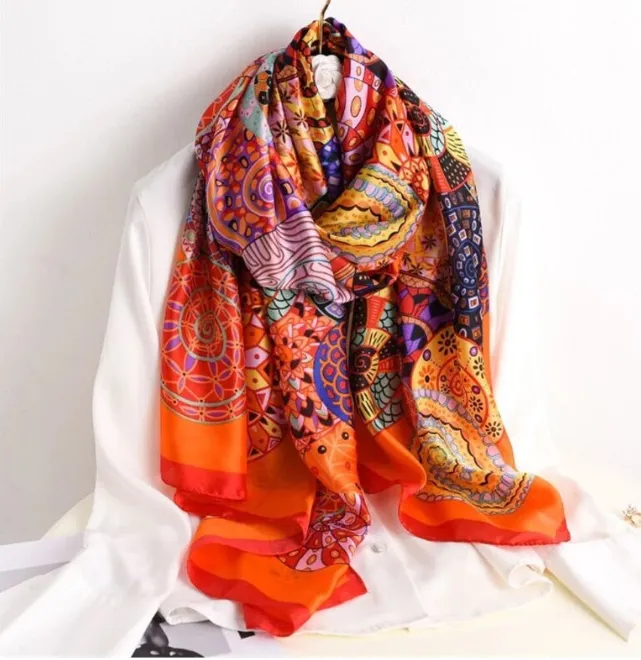 Mandalas Multicolored Graphic Print Silky Satin Summer Scarf Wrap for Women