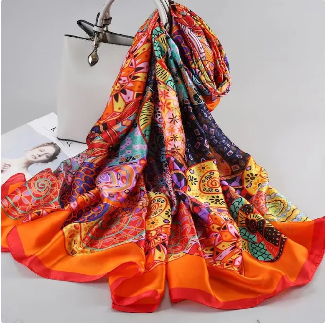 Mandalas Multicolored Graphic Print Silky Satin Summer Scarf Wrap for Women