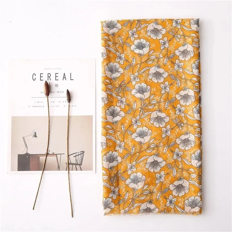 New Spring And Summer Silk Scarf Cotton Linen Gardenia Print Scarf Women Beach Towel Wild Sun Shawl Dual-use