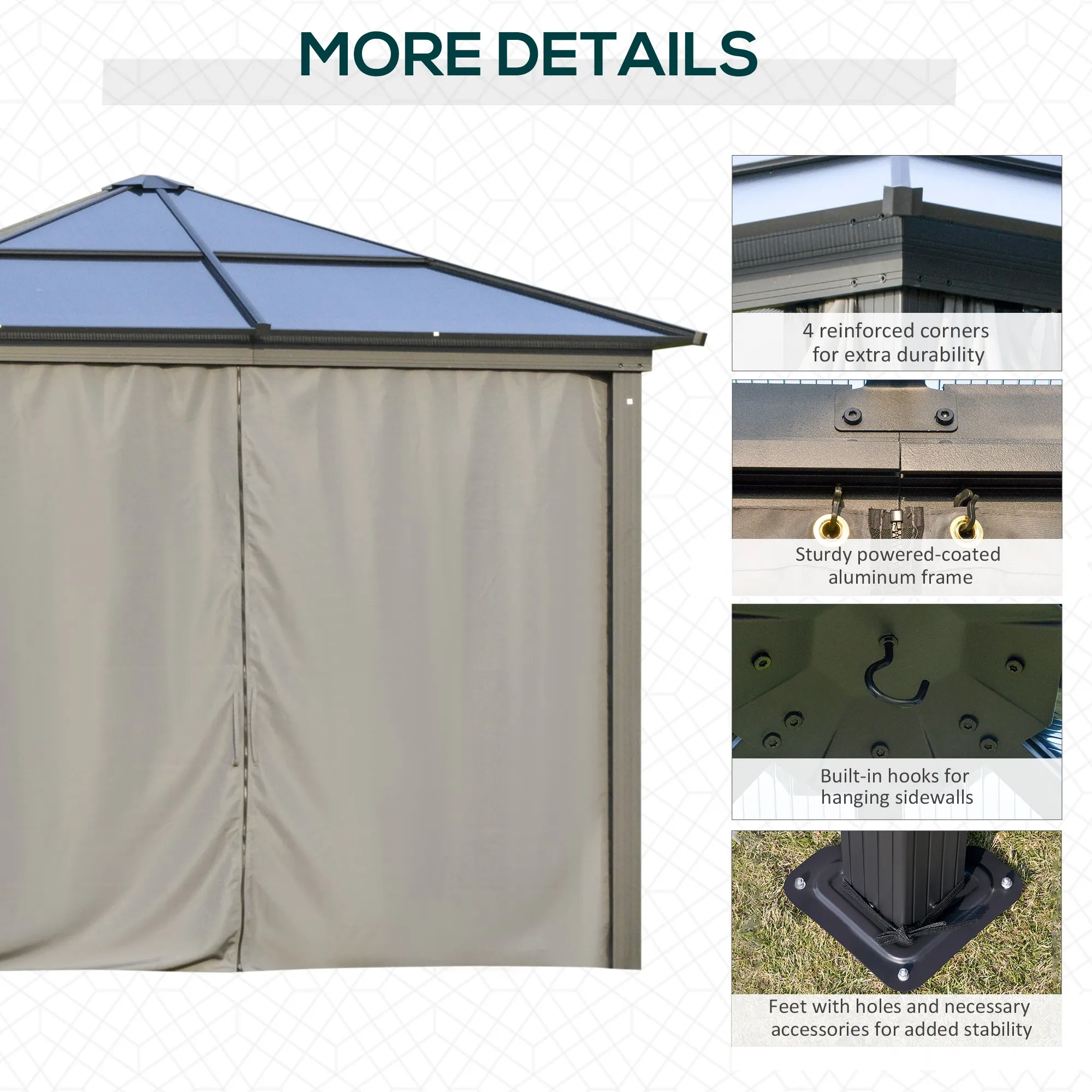 Outsunny 3x3(m) Aluminium Hardtop Gazebo Canopy w/ Polycarbonate Top, Curtains