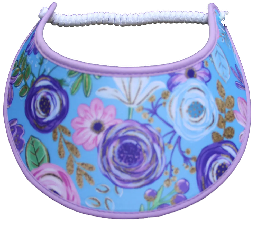 Pastel Flowers on Blue Sun Visor with Lavender Trim