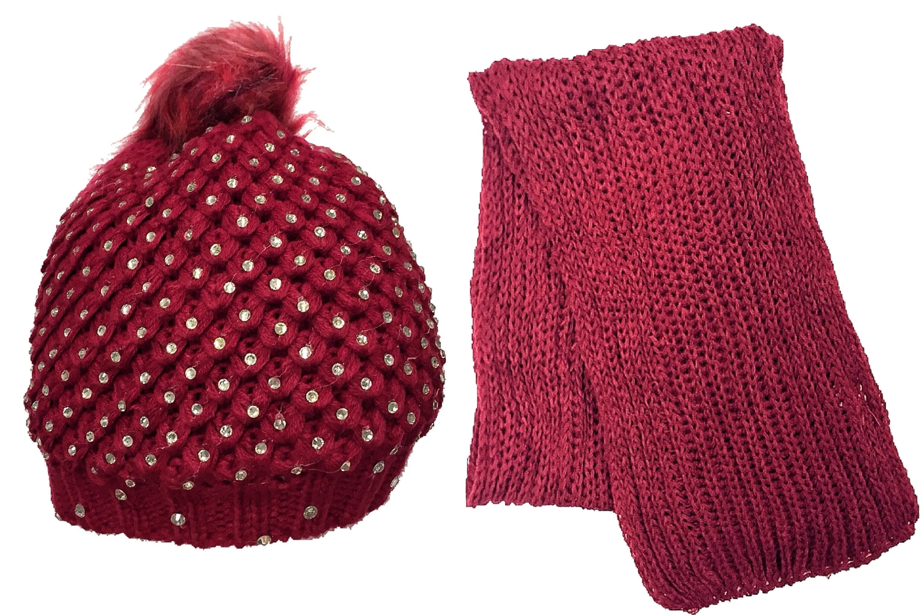 Pom Pom Rhinestone Beanie   Scarf Set
