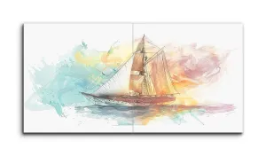 Sailing Ship at Sunset: Hand-Drawn Watercolor Art