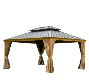 Shana 12 X 16 ft Hardtop Gazebo Outdoor Wooden Grain Coated Aluminum  - Yellow Brown